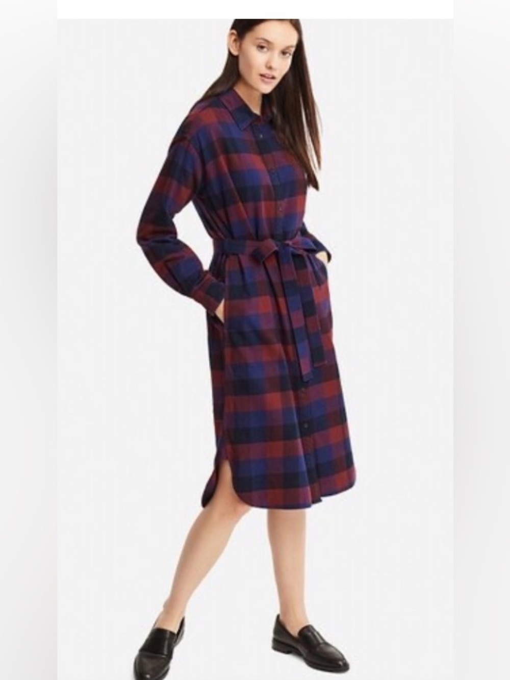 Uniqlo Plaid Button-Front Shirt Dress with Tie Belt - Red & Navy